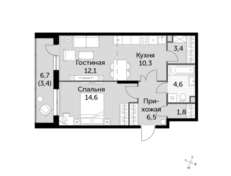 4 этаж 2-комнатн. 56.7 кв.м.
